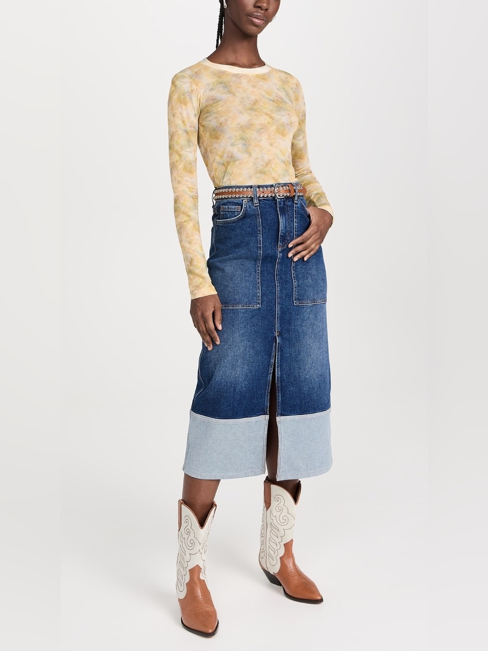 ba&sh Vicky two-tone denim midi skirt size US 2 NWT - Picture 2 of 11